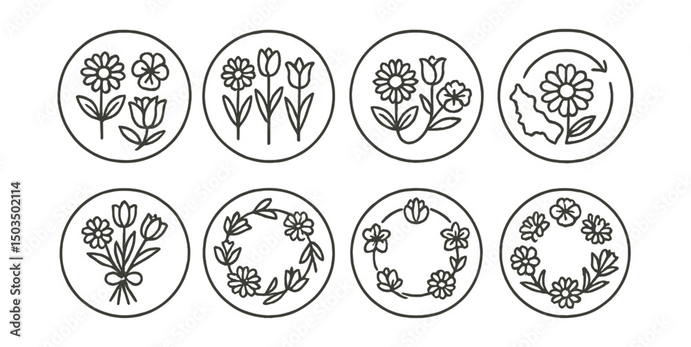 Fototapeta premium Line style icons of seasonal flowers: seasonal flower combo chart, stem mix by month, flower rotation icon, year-round bloom cycle, seasonal bloom map, bouquet per quarter, garden planner ring,