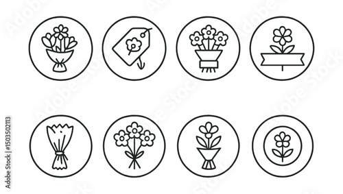 Line style icons of mini and mono bouquets: mini bouquet label, tag with flower type, mono bouquet name card, ribbon with flower name, hand-drawn mono wrap, circular bouquet label, mini bouquet