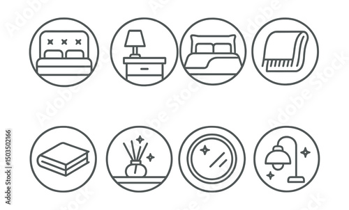 Line style icons of interior design: bedroom with soft headboard, nightstand with lamp, bed with pillows, throw blanket icon, bedside book, diffuser on shelf, round mirror, warm lighting. Circular