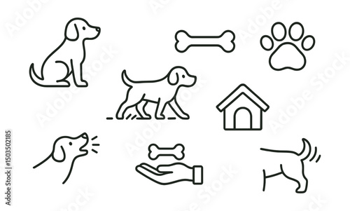 Line style icons of dogs: sitting dog, walking dog, bone icon, paw print, barking symbol, doghouse, treat in hand, tail wag motion.