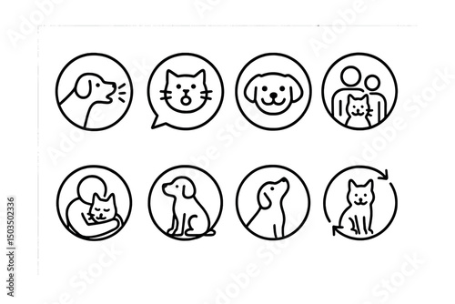 Line style icons of pets at home: dog barking icon, meowing cat in bubble, happy pet face, pet and family circle, cuddle with pet icon, calm pet posture, pet looking up symbol, connection loop.