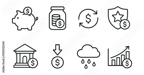 Line style icons of savings: piggy bank, savings jar, recurring transfer icon, emergency fund badge, savings account, save icon with arrow, rainy day symbol, growth chart for savings.