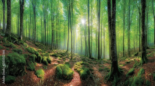 Emerald Forest Sunlit Path Through Mossy Green Woodland.