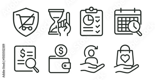 Line style icons of financial discipline: no impulse spending badge, wait-before-buying icon, budgeting habit tracker, review expenses weekly, set limit icon, savings reminder, mindful spending icon,