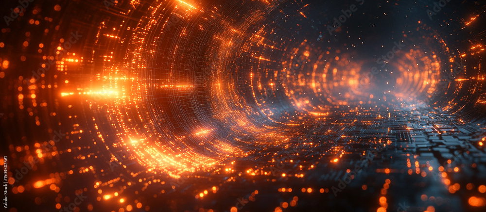 Fototapeta premium Abstract futuristic tunnel with glowing orange energy.