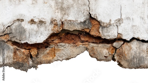 Cracked Concrete Wall Reveals Brick  Decaying Beauty on White.