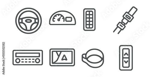Line style icons of car interior: steering wheel, car dashboard, AC vent, seatbelt, radio icon, GPS screen, cup holder, window button.