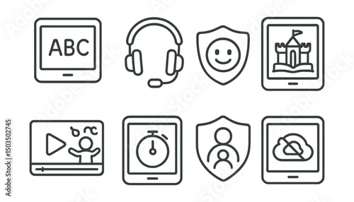 Line style icons of digital education for kids: tablet with ABC app, headphones with mic, kid-safe browser icon, interactive story app, learning animation icon, screen timer, parental control badge,