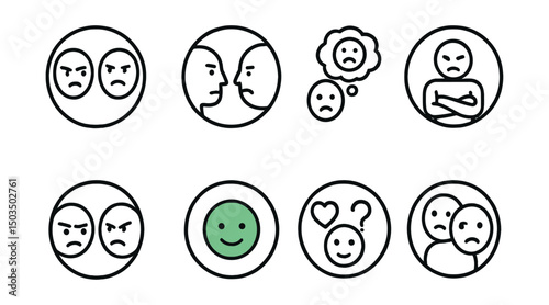 Line style icons of emotions and moods: jealousy icon, comparing faces ring, envy thought bubble, crossed arms badge, competitive tension, green mood symbol, desire and doubt icon, feeling behind.