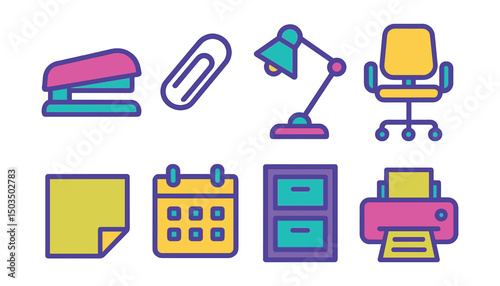 Two-Color vector icons of workplace tools: stapler, paperclip, desk lamp, office chair, sticky note, calendar, filing cabinet, printer.