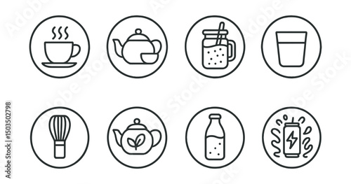 Line style icons of food and drinks: coffee cup with steam, teapot and cup combo, smoothie in jar, glass of water, matcha whisk icon, herbal tea pot, cold brew bottle, energy drink splash. Circular