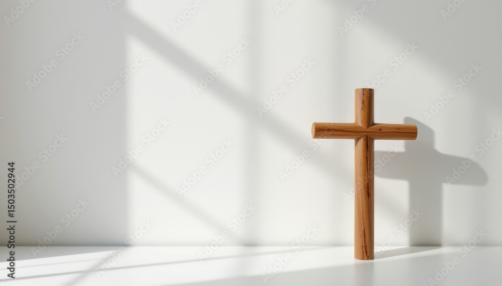 Naklejka premium Minimalist Wooden Cross Symbol Against White Background with Shadows