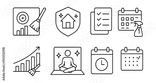 Line style icons of motivation and planning: cleaning goal chart, tidy home badge, checklist icon, plan and clean symbol, progress in chores, clean space calm mind, routine habit, weekly reset.