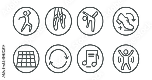Line style icons of hobbies and creativity: dancing pose in circle, ballet shoes icon, freestyle move badge, tap foot icon, dance floor symbol, movement flow ring, choreography notes, joyful body
