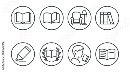 Line style icons of hobbies and creativity: book reading icon, page turning badge, cozy chair with lamp, bookshelf ring, annotation marker icon, literary club symbol, deep read mood, fiction vs