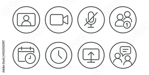 Line style icons of online communication: video call screen, camera on/off toggle, mic mute icon, group call badge, scheduled meeting symbol, call duration timer, screen sharing ring, remote team