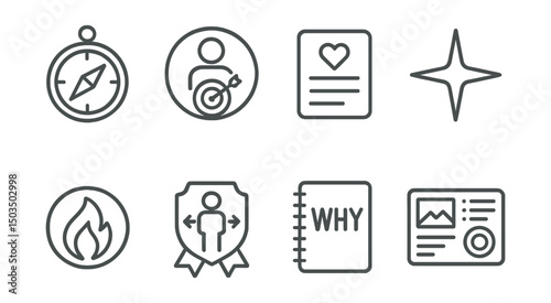 Line style icons of purpose and values: compass icon, personal mission, value card, north star symbol, inner goal flame, aligned life badge, “why” notebook, vision board.