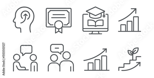 Line style icons of career and growth: personal development icon, training certificate, online course badge, skills upgrade arrow, coaching session symbol, mentor and learner, learning progress,