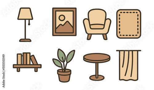 Outline with Fill style icons of minimal interior decor: floor lamp, wall art, cozy chair, rug, shelf with books, potted plant, round table, curtain fold.