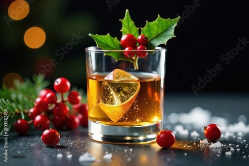 Crystal glass of whisky with holly sprigs and red berries, seasonal, festive, whisky