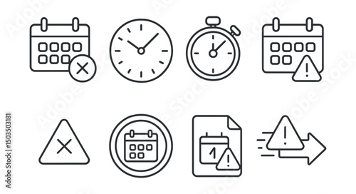 Line style icons of project management: calendar with deadline mark, ticking clock icon, countdown timer, due date alert, missed deadline warning, project deadline badge, final delivery date, urgent