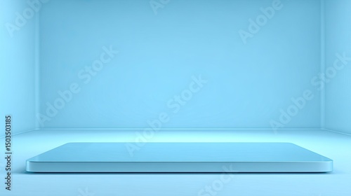 Azure Stage Minimalist Platform with Soft Blue Studio Background.