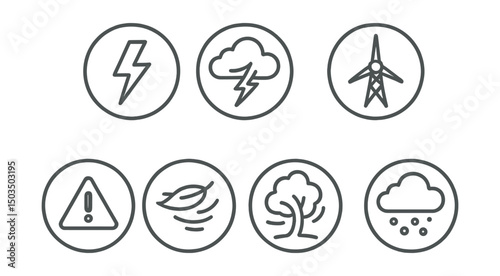 Line style icons of storm and wind in circles: lightning bolt, thundercloud icon, strong wind swirl, windmill icon, power outage alert, flying leaf, tree shaking, hail symbol.