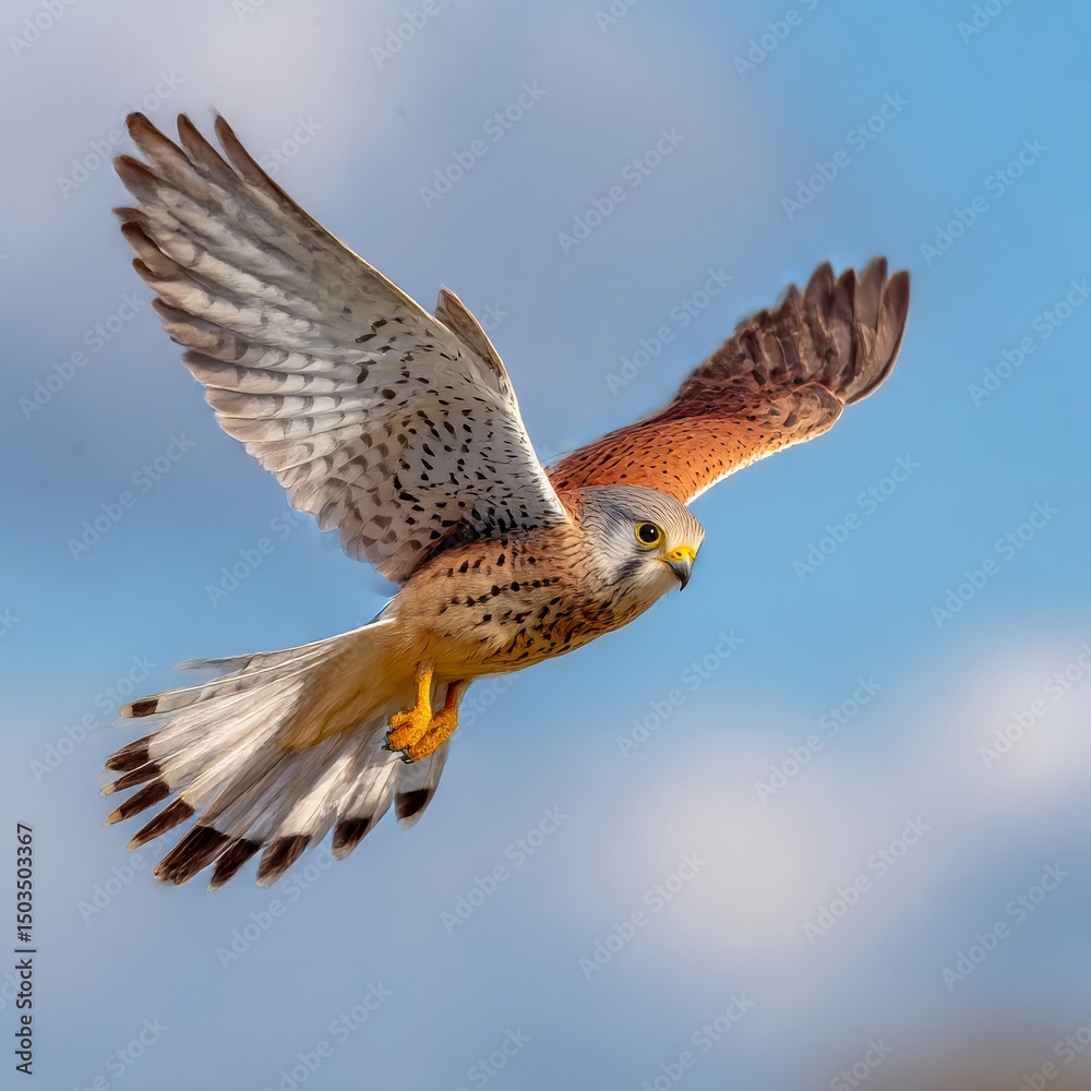 Fototapeta premium beautiful kestrel in flight on wings and tail clear sky background
