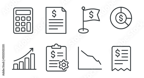 Line style icons of project management: budget calculator icon, cost estimate sheet, financial milestone symbol, expense tracker badge, project funding chart, cost control icon, spending forecast