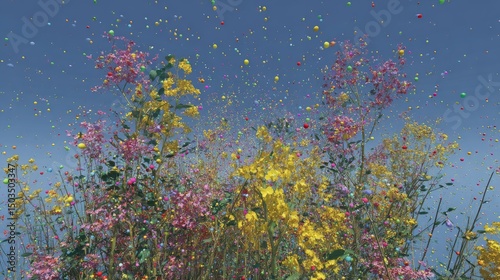 Floral Burst Colorful Flowers  Confetti Sky  Joyful Celebration.