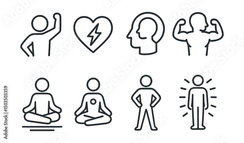 Line style icons of motivation and inspiration: self-empowerment icon, heart and lightning, inner voice badge, strong self-portrait, grounded confidence icon, centered presence, energy in posture,