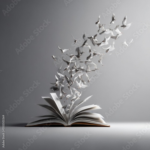 artistic concept of book pages turning into flying birds symbol of freedom of thought