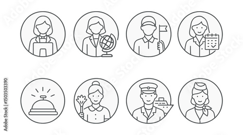 Line style icons of hospitality and tourism in circles: hotel receptionist, travel agent globe, tour guide flag, event planner icon, concierge bell, housekeeper duster, cruise staff, flight attendant