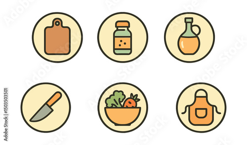 Outline with Fill vector icons of creative kitchen prep in circles: cutting board, spice jar, oil bottle, knife, veggie bowl, apron, oven tray, timer.