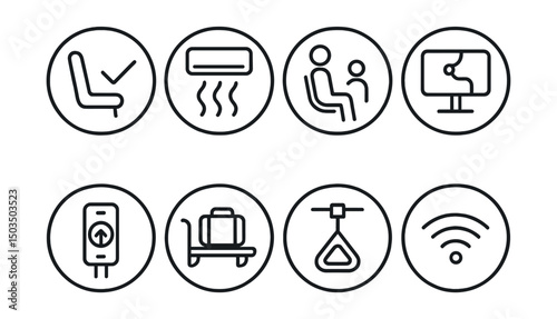 Line style icons of on-board features in circles: seat availability, air conditioning, priority seat icon, route screen, stop request button, luggage rack, grab handle, Wi-Fi on board.