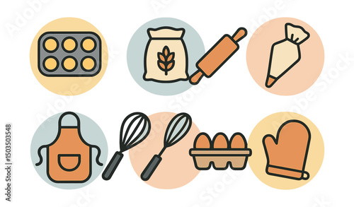 Outline with Fill vector icons of weekend baking party in circles: cupcake tray, flour bag, dough roller, piping bag, apron, whisk, egg carton, oven mitt.