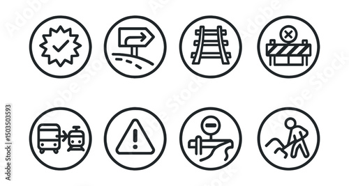 Line style icons of delays and incidents in circles: service delay badge, detour route icon, track maintenance, temporary closure sign, bus replacement, train delay alert, blocked path, repair work.