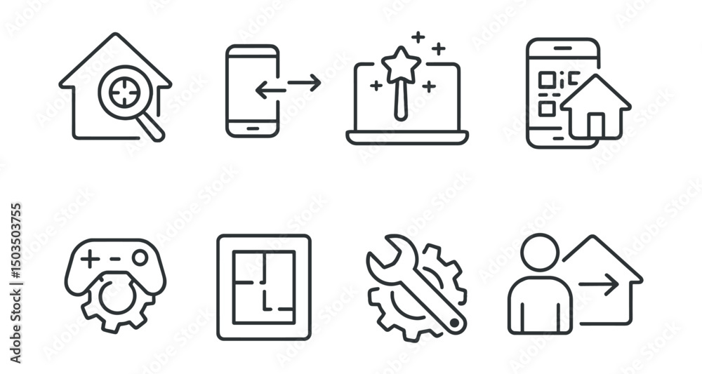 Line style icons of smart home setup: home scan icon, device pairing, initial setup wizard, QR device scan, system calibration, layout map, configuration tool, onboarding icon. Line style icons of smart home setup: home scan icon, device pairing, initial setup wizard, QR device scan, system calibration, layout map, configuration tool, onboarding icon.