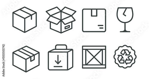 Line style icons of logistics and delivery: cardboard box icon, open box with label, sealed package symbol, fragile sticker icon, taped parcel, heavy box with handle, shipping crate icon, recycled