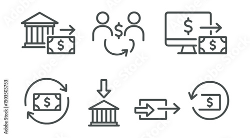 Line style icons of transactions: bank transfer transaction, peer-to-peer payment, wire transfer icon, international payment transaction, recurring billing icon, direct deposit transaction, refund