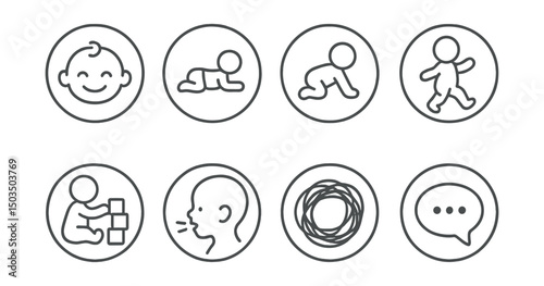 Line style icons of developmental stages in circles: first smile, tummy time, crawling icon, first steps, stacking blocks, saying first word, scribbling symbol, toddler speech bubble.