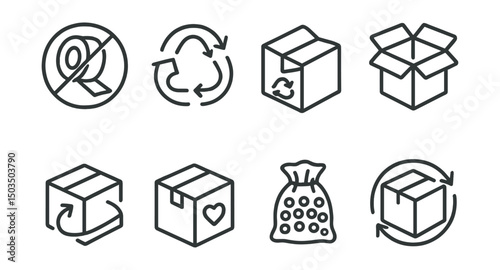 Line style icons of eco delivery: no plastic tape badge, recyclable seal icon, reuse box symbol, folded box for reuse, take-back packaging icon, second life parcel, reusable filler bag, closed-loop