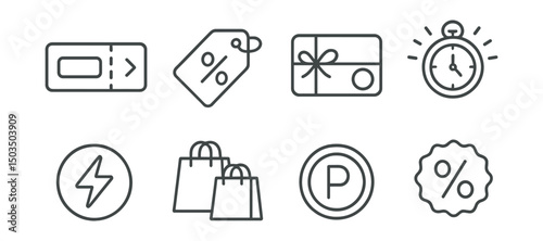 Line style icons of online marketplace: coupon code field, promo tag icon, gift card balance badge, limited-time deal icon, daily flash sale symbol, buy one get one offer, loyalty points tracker,