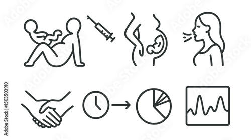 Line style icons of childbirth: natural birth icon, epidural injection, C-section symbol, breathing technique guide, partner support hand, labor timeline, dilation progress, contraction tracker.