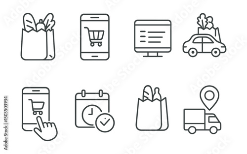 Line style icons of online grocery: delivery bag, app shopping cart, online list, grocery pickup, smartphone order, schedule delivery, order confirmed, delivery ETA.