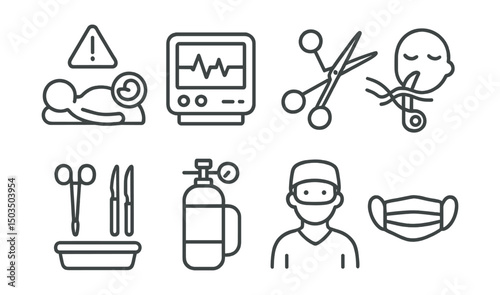Line style icons of childbirth: emergency C-section alert, anesthesia monitor, surgical scissors, umbilical cord cutting, sterile operation tools, oxygen tank, scrub nurse, medical mask.