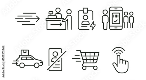 Line style icons of express service: 10 items line, express checkout counter, quick scan badge, mobile pay lane, fast pickup icon, skip-the-line pass, speed shopping cart, tap to pay.