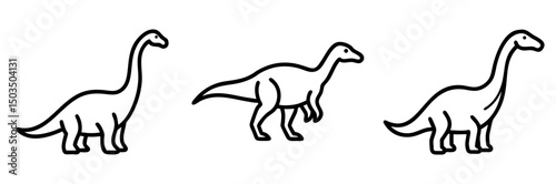 Three simple outline illustrations of dinosaurs in different poses, icons set, vector  