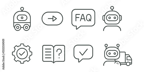 Line style icons of delivery support: automated bot icon, smart reply button, FAQ chat message, delivery bot avatar, auto-resolution badge, knowledge base symbol, instant answer icon, chatbot with