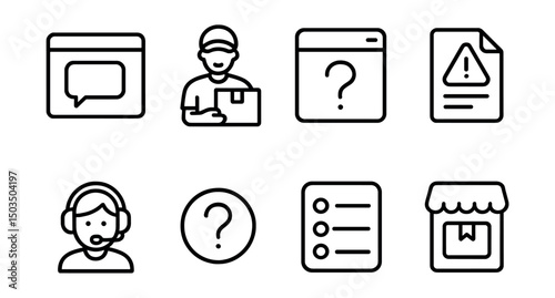 Line style icons of logistics app UI: support chat window, contact courier button, help tab in app, issue report icon, chat with agent screen, FAQ button badge, support options list, delivery help